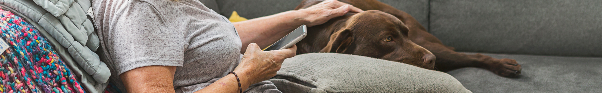 Close up of person sitting on phone on couch with hand laid on dog resting nearby