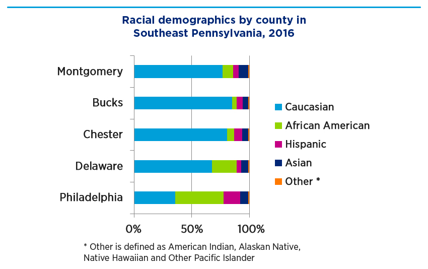 Bar graph showing racial demographics by county in Southeast Pennsylvania, 2016
