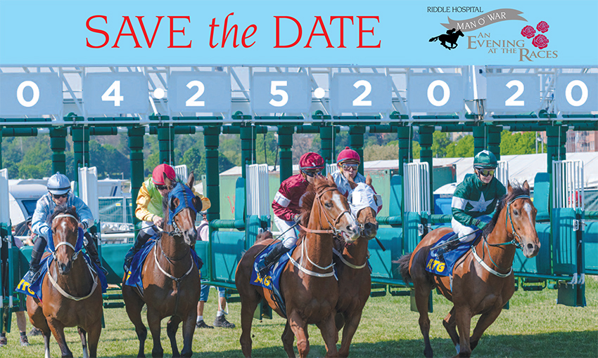Save the date for Man O War - An Evening at the Races on 4/25/2020, all written on sign over racers exiting the gates