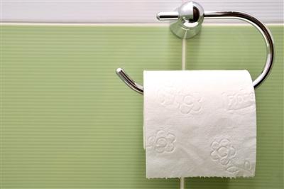 Roll of toilet paper hanging on wall holder
