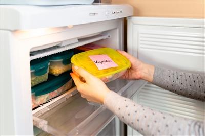Woman getting vegetables out of freezer