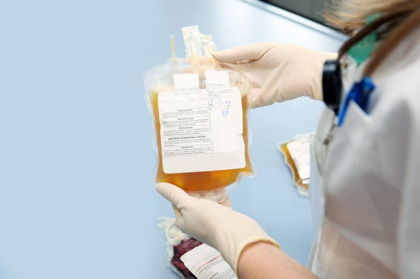 Phlebotomist holding bag of blood plasma