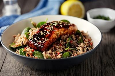 Wild rice salad with grilled teriyaki salmon
