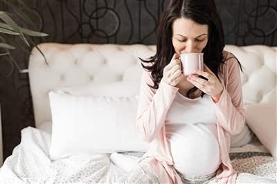 Pregnant woman drinking tea in bed