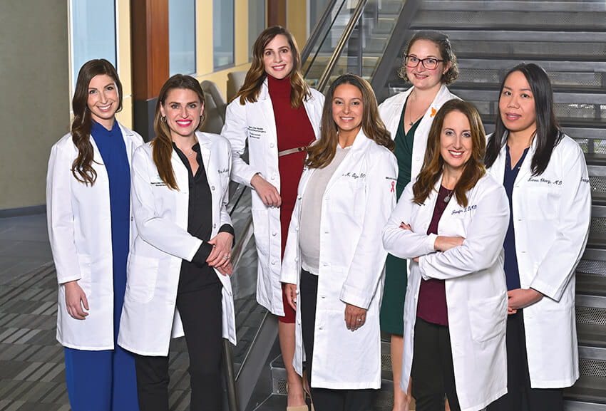 L to R: Katherine Rose, MD, Plastic and Reconstructive Surgeon; Blair Ashley, MD, Orthopaedic Surgeon; Thana Theofanis, MD, Neurosurgeon; Lina Sizer, DO, Breast Surgeon; Samantha Witte, MD, Bariatric Surgeon; Jennifer Denne, MD, Chief of Surgery; Karen Chang, MD, General Surgeon