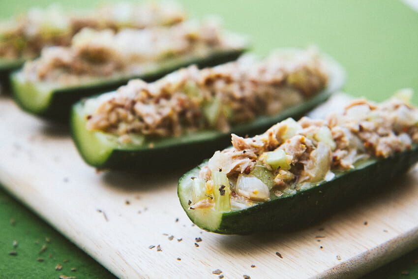 Tuna salad in cucumber halves.