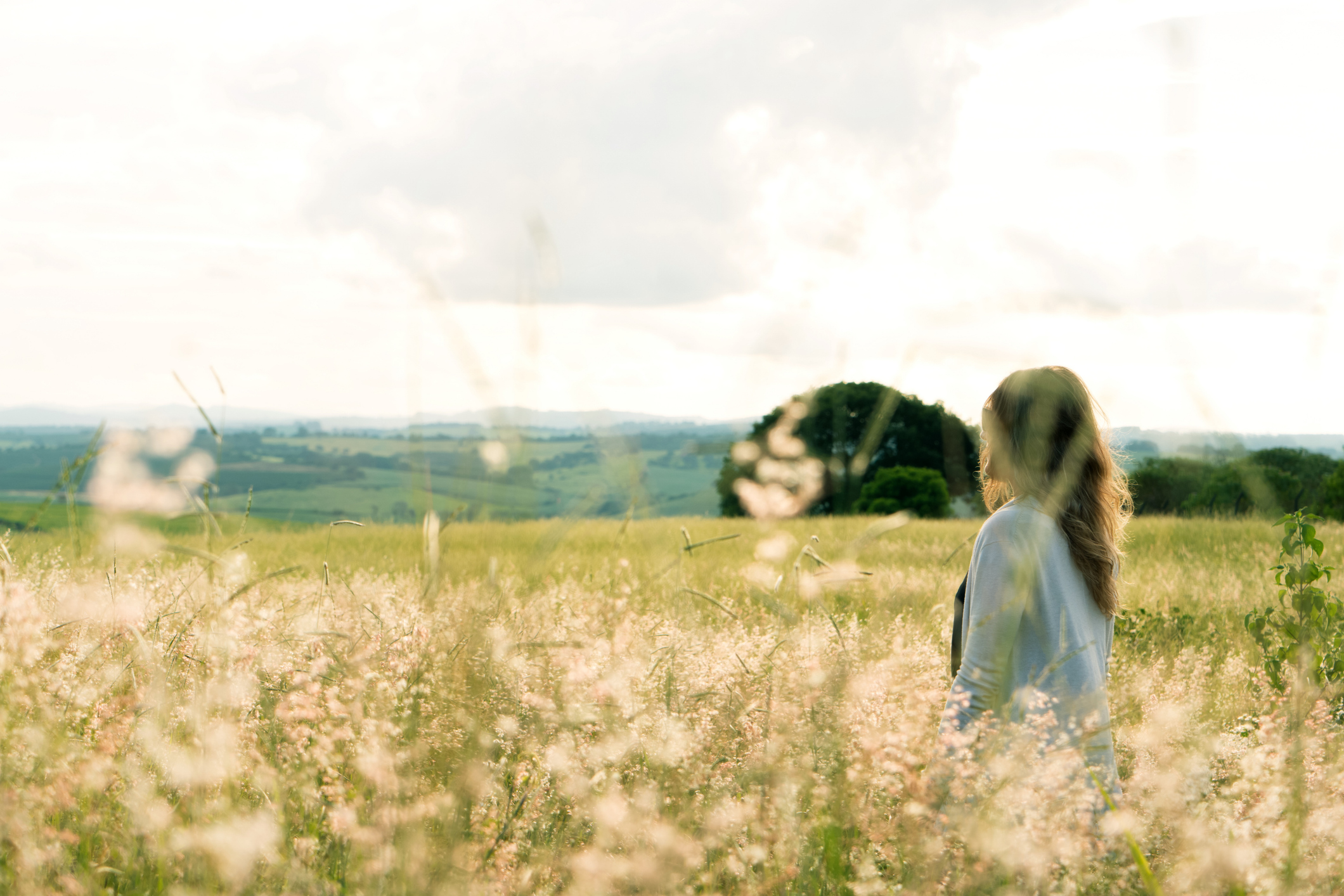 Young woman in an open field with green lawn and flowers at sunset