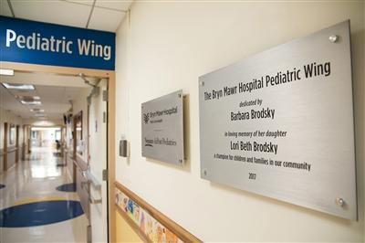 Dedication signs in the Lori Beth Brodsky Pediatric Wind at Bryn Mawr Hospital