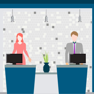 Icon of two people standing at a desk for check-in