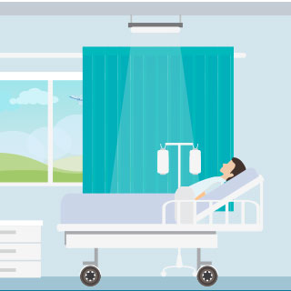 Icon of a patient in a hospital bed in a room