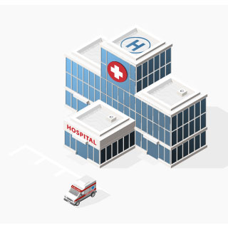 Icon of an aerial view of a hospital with an ambulance parked outside