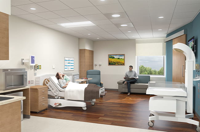 Rendering of maternity patient room at Riddle Hospital