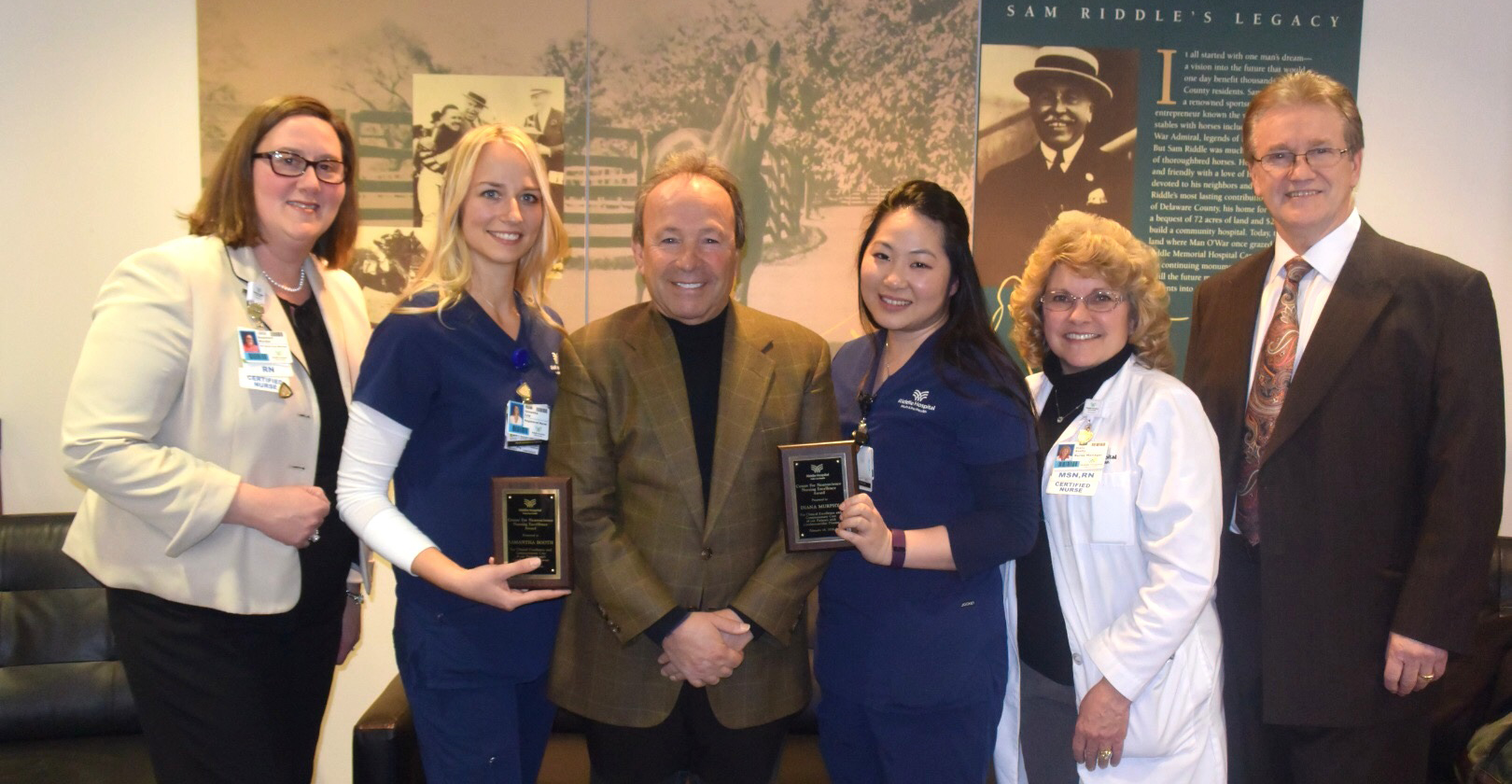 From left to right: Rosi Wurster, VP of Patient Services; Samantha Booth, award recipient, Davoud Baravordeh, Diana Murphy, award recipient, Diane Beatty, Nurse Manager; David A. Thomas, DO, PhD, Center for Neuroscience