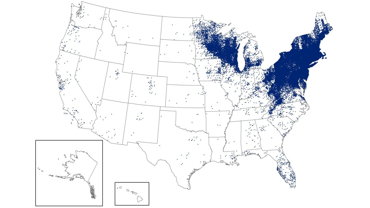 Map of the United States showing reported cases of Lyme disease in 2023. One dot placed in county of residence for each reported case. Source: U.S. Centers for Disease Control and Prevention.