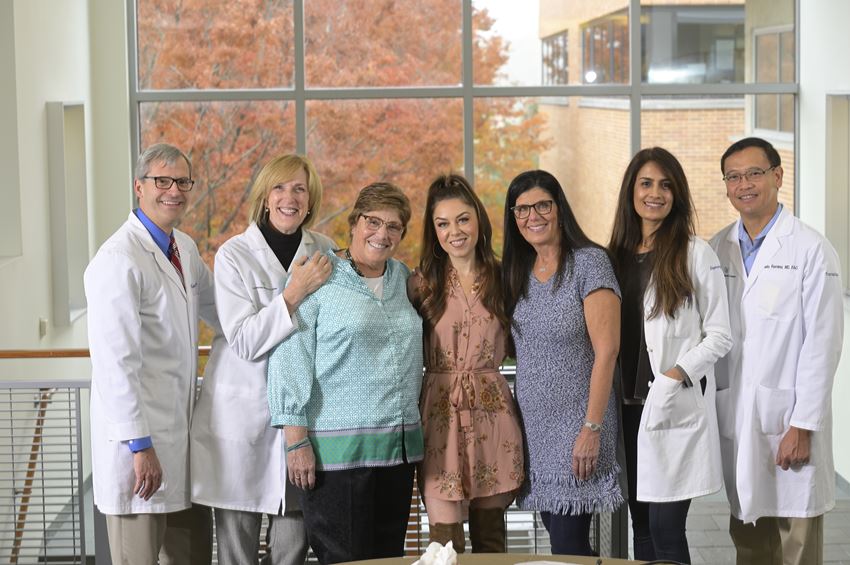 Claire, Nicole and Adriene stop by Lankenau to visit their Main Line Health Kidney Transplant team. Left to right: Keith Superdock, MD (medical director); Laurel Lerner, RN, CCTC (post-transplant nurse coordinator); Claire Saponaro; Nicole Moeser; Adriene Moeser; Umber Burhan, MD (nephrology specialist); James Lim, MD (previous program director).