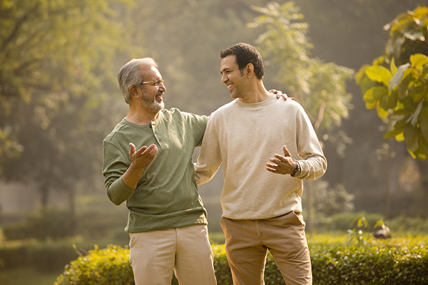 Father and son on a walk outside