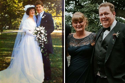 Carolyn and Ed on their wedding day (left) and attending another person's wedding (right)