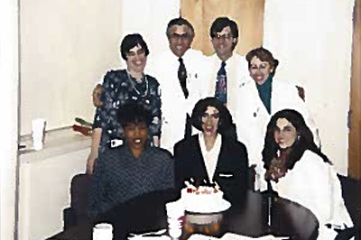 The transplant team celebrating the anniversary of their first transplant surgery in 1995