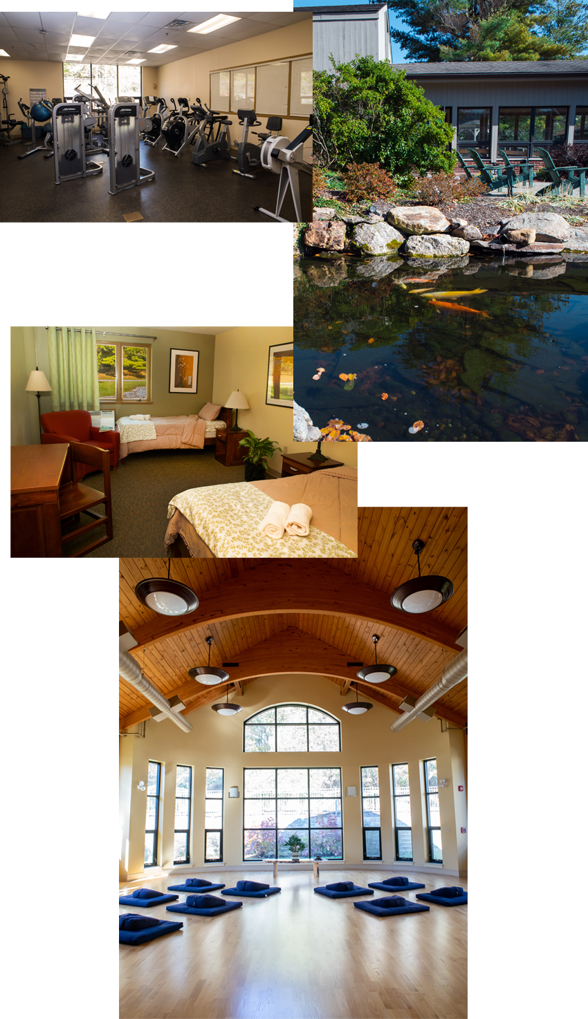 Collage of images taken around Mirmont Treatment Center (workout room, Koi pond, bedroom, meditation room)