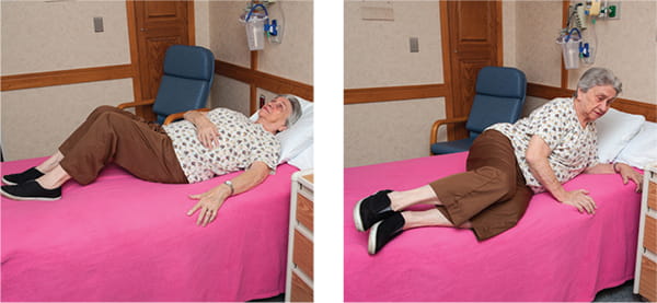 Two images illustrating how to get out of bed at home after spine surgery