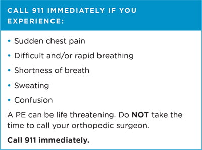 Call 9-1-1 immediately if you experience: sudden chest pain, difficult and/or rapid breathing, shortness of breath, sweating and confusion. A PE can be life threatening. Do not take the time to call your orthopedic surgeon. Call 9-1-1 immediately.