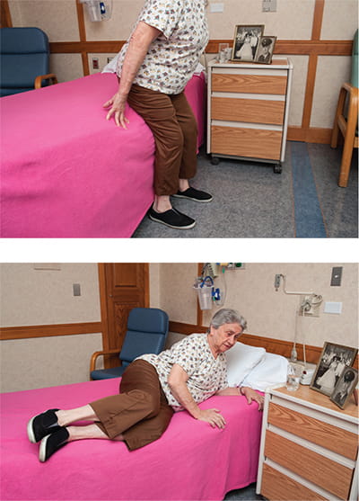 Two photos illustrating getting into bed