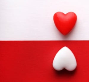red heart on white background and white heart on red background